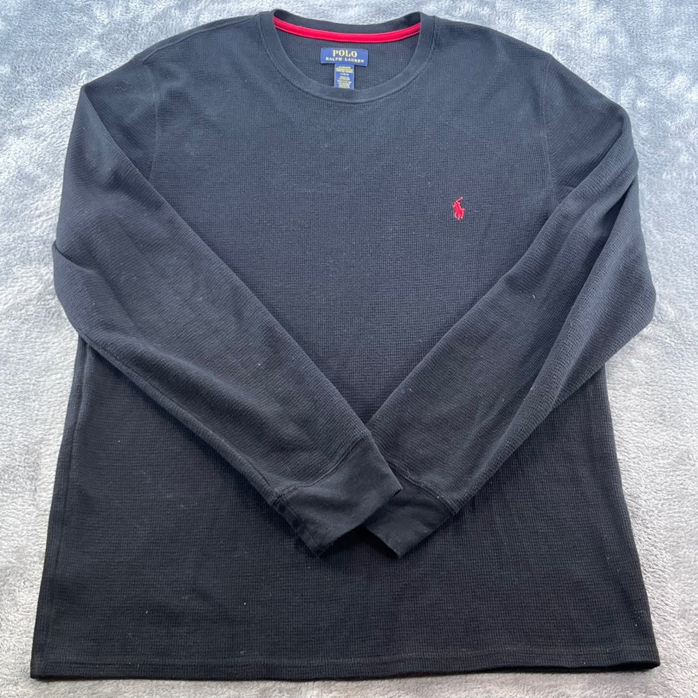 Polo Ralph Lauren Mens Waffle Knit Thermal Long Sleeve Shirt Black Red Pony L